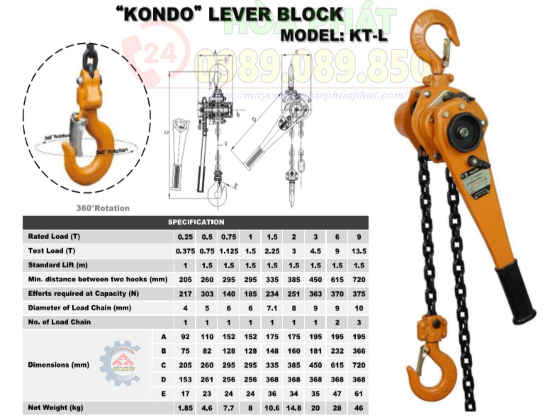 Th&ocirc;ng số pa lăng x&iacute;ch lắc tay Kondotec Nhật Bản ch&iacute;nh x&aacute;c.